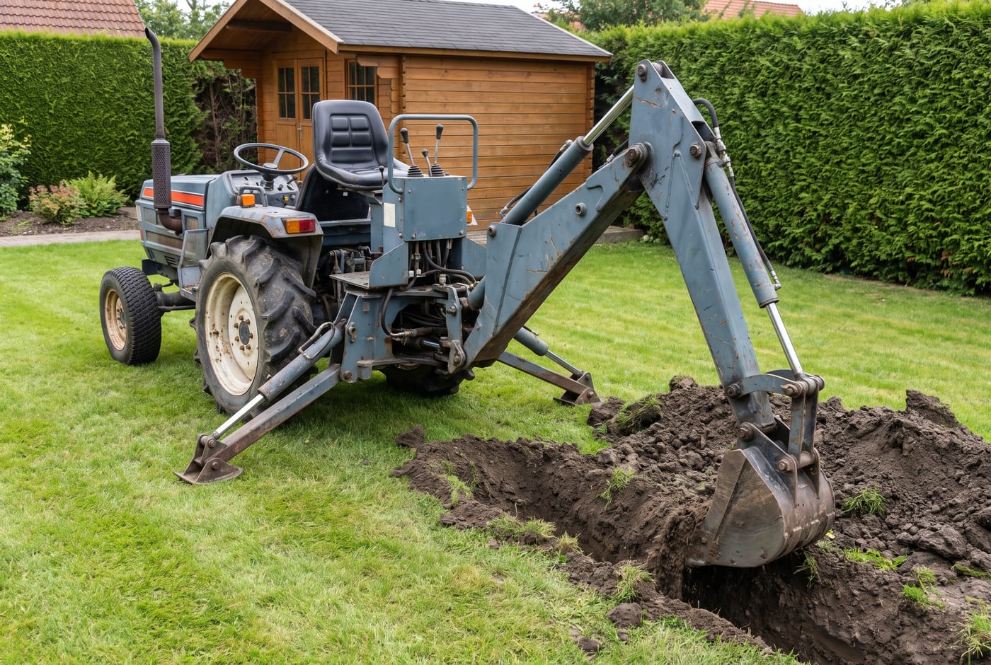 Kompakter Traktor mit angebautem Heckbagger und abgesenkten Stützbeinen beim Graben eines Grabens im Garten