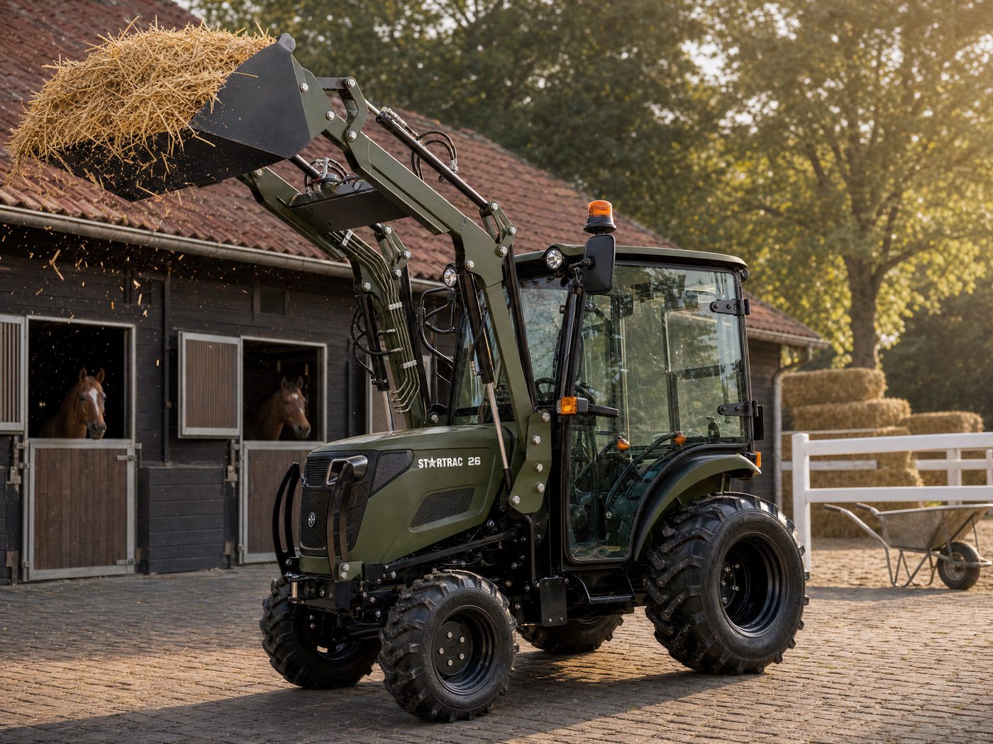 Startrac 26 mit Kabine hebt einen Strohballen mit dem Frontlader vor einem Pferdestall