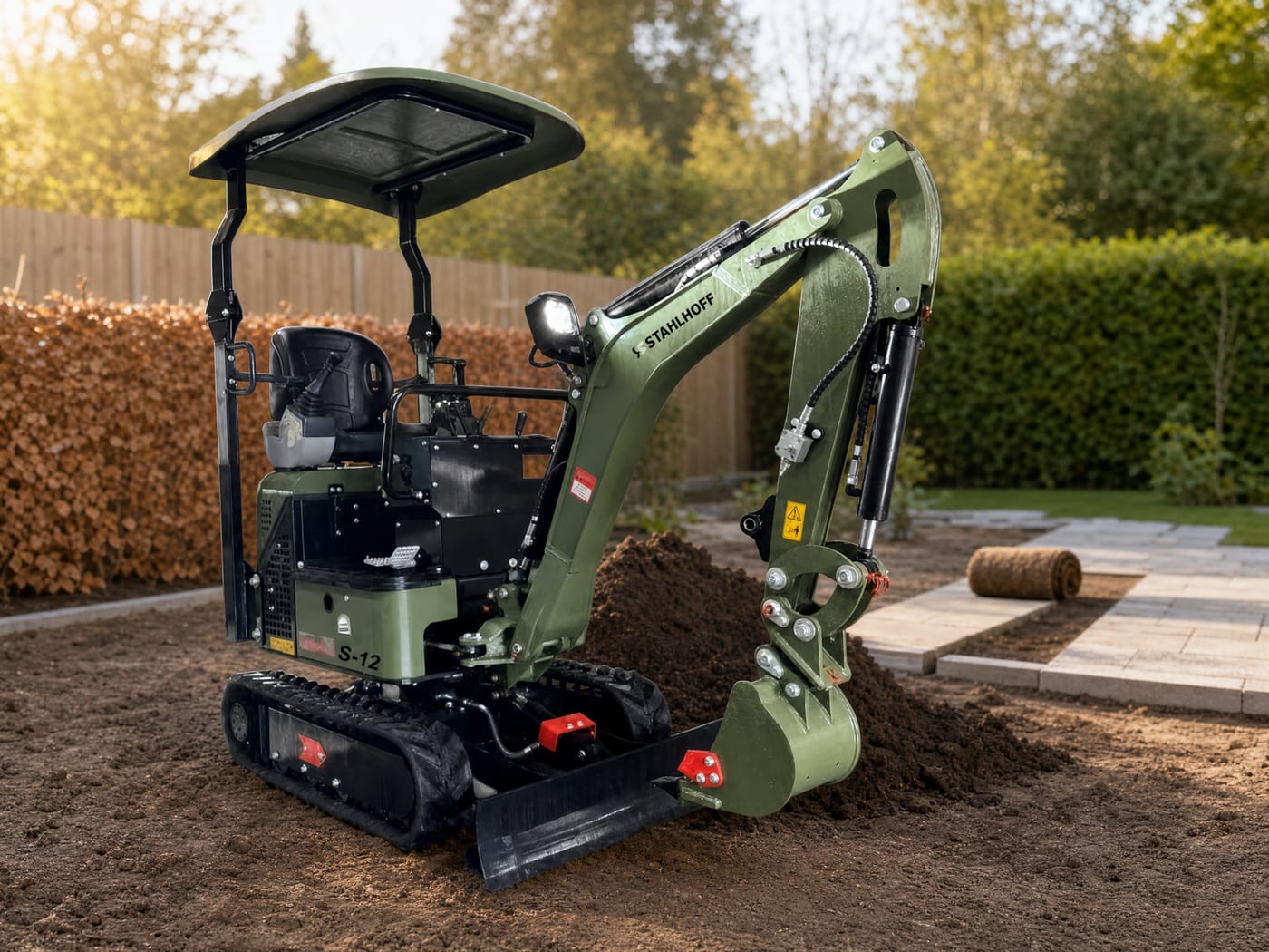 Stahlhoff Minibagger S-12 mit Schutzdach und Planierschild auf einer Gartenbaustelle